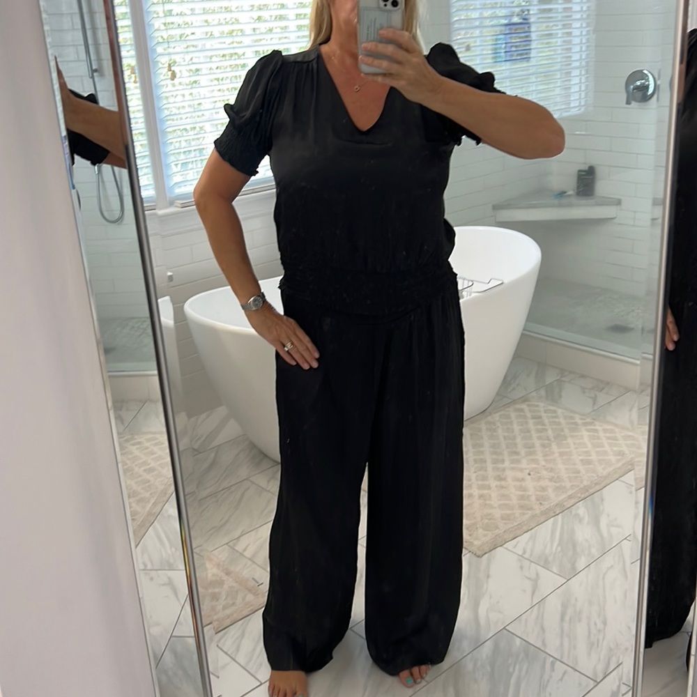 elegant, silky, wide leg pants, and top set
